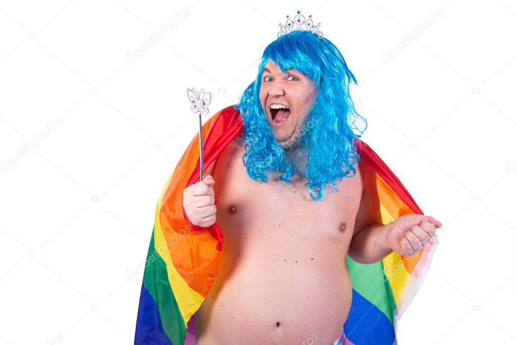 Funny fat guy with a rainbow flag. Happy man on a white background.