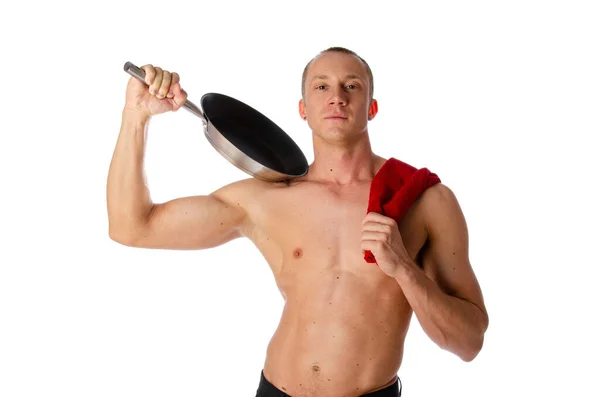 Sexy Shirtless Jovem Chef Garçom Posando Vestindo Avental Preto Corpo — Fotografia de Stock