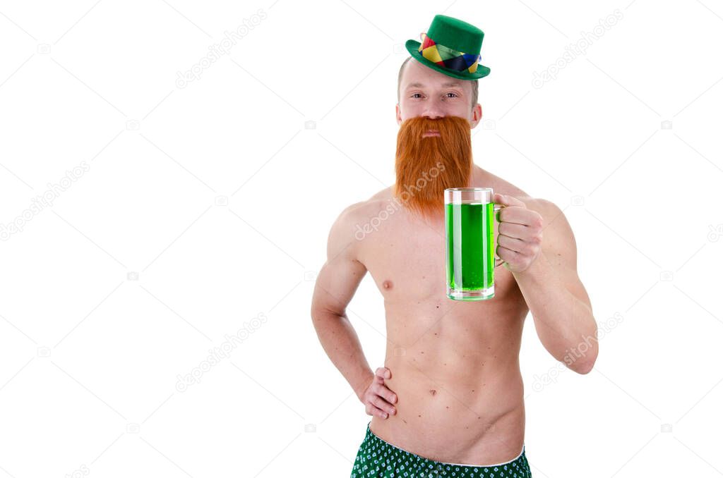 Saint Patrick having fun. Ireland traditional. Sexy funny man