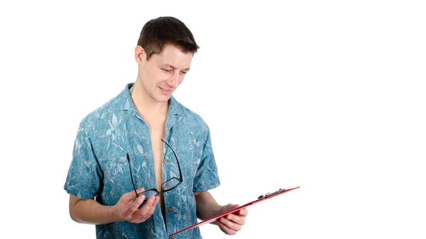 Homem Bonito Engraçado Com Laptop Férias Trabalho Fundo Branco — Fotografia de Stock