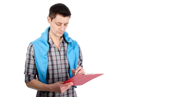 Rolig Stilig Man Med Laptop Vit Bakgrund — Stockfoto