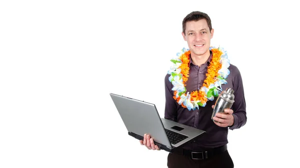 Bel Homme Drôle Avec Ordinateur Portable Vacances Travail Fond Blanc — Photo