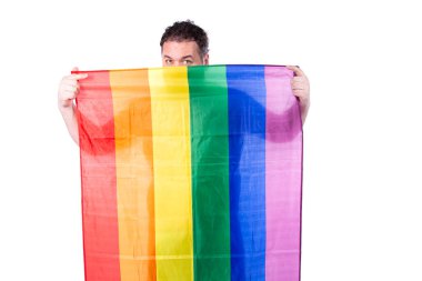 Komik şişman adam. Eşcinsel adam ve gökkuşağı bayrağı.