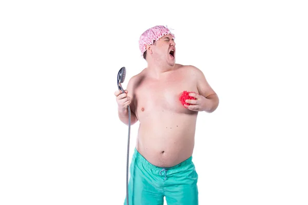 有趣的胖子在淋浴间洗澡 快乐的人和歌曲 — 图库照片