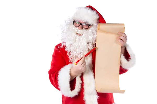 Смешной Санта Клаус Списком Подарков — стоковое фото