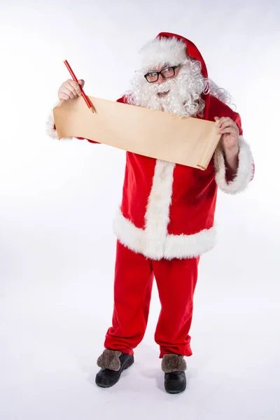 Śmieszny Święty Mikołaj Listą Prezentów — Zdjęcie stockowe
