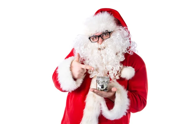 Povero Babbo Natale Tiene Mano Salvadanaio — Foto Stock