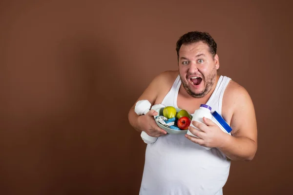 Nutrição Esportiva Engraçado Homem Gordo — Fotografia de Stock