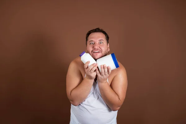 Nutrição Esportiva Engraçado Homem Gordo — Fotografia de Stock