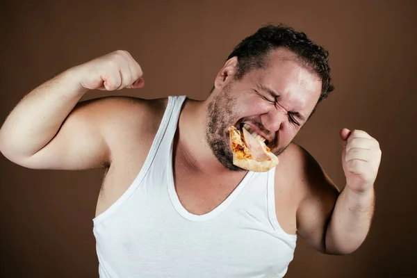 Föda Och Hälsosam Livsstil Rolig Fet Man Med Hamburgare — Stockfoto