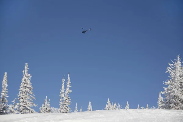 Egy helikopter egy havas síkságon. Hó és kék ég. — Stock Fotó