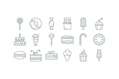 Anahattı kontur tatlı ve tatlı simge kümesi