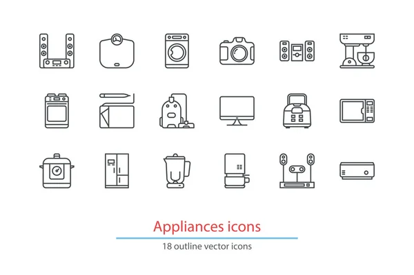 Domácí spotřebiče přehled ikon. Bezbarvé. Čárová grafika. — Stockový vektor