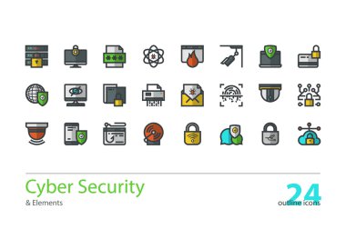 Siber Güvenlik, veri koruma. Anahat renkli vektör simge kümesi.