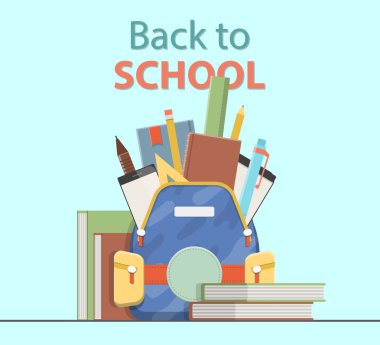 Okul sırt çantası, eğitim nesneleri kümesi. Vektör çizim.