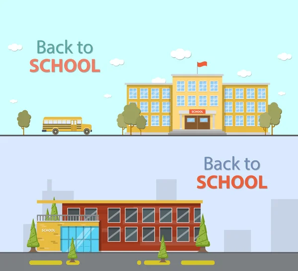 Budynków szkolnych, autobus. Ilustracja wektorowa płaski. — Wektor stockowy