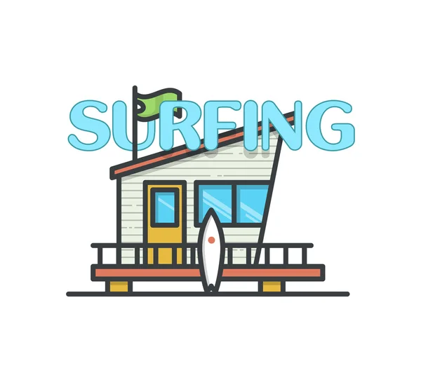 Strandhaus mit Surfbrett auf weißem Hintergrund im Linienstil — Stockvektor