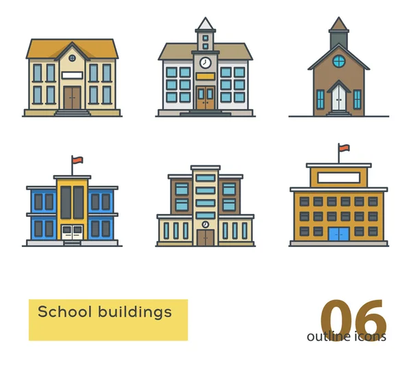 Edifício da escola ícones coloridos. Desenho ilustração vetorial . — Vetor de Stock