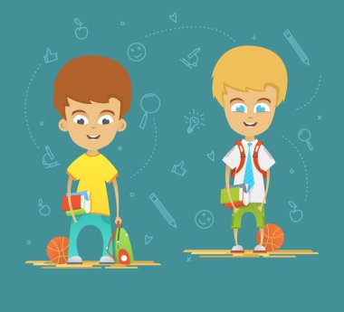 Karakter tasarımı. Bir evrak çantası ile mutlu öğrenciler okula geri. Simgeleri mavi zemin üzerine