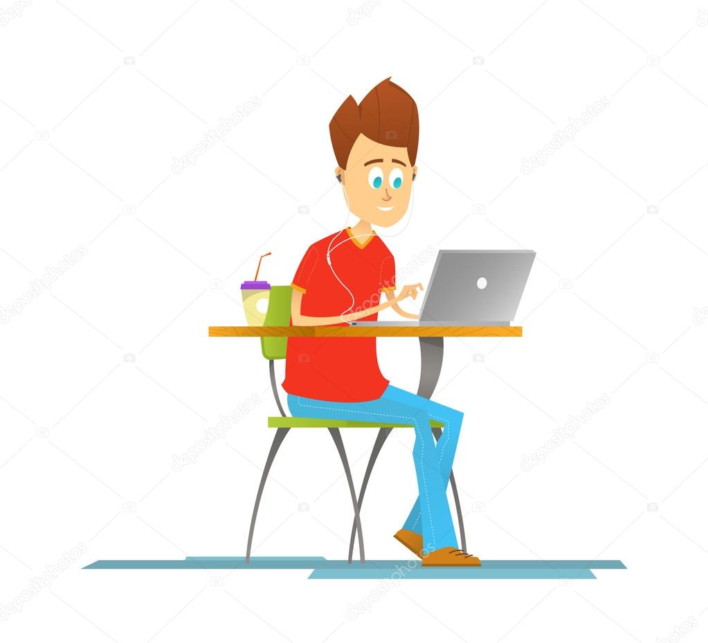 Jonge Man Zitten n De Tafel En Werken Cartoon Stijl Vectorillustratie Stockvector C I Ro