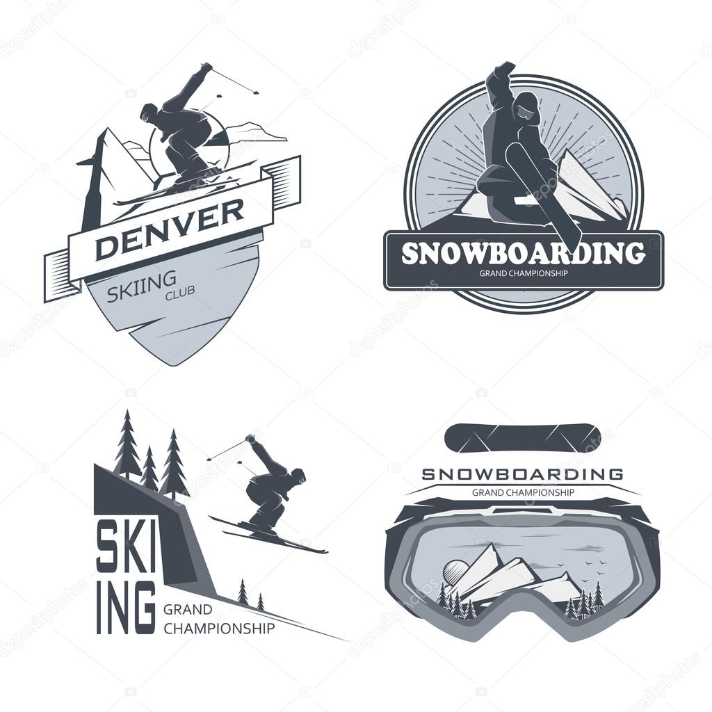 Vector labels of the snowboarder and mountain skier on a white background. Landscape of mountains and mask.