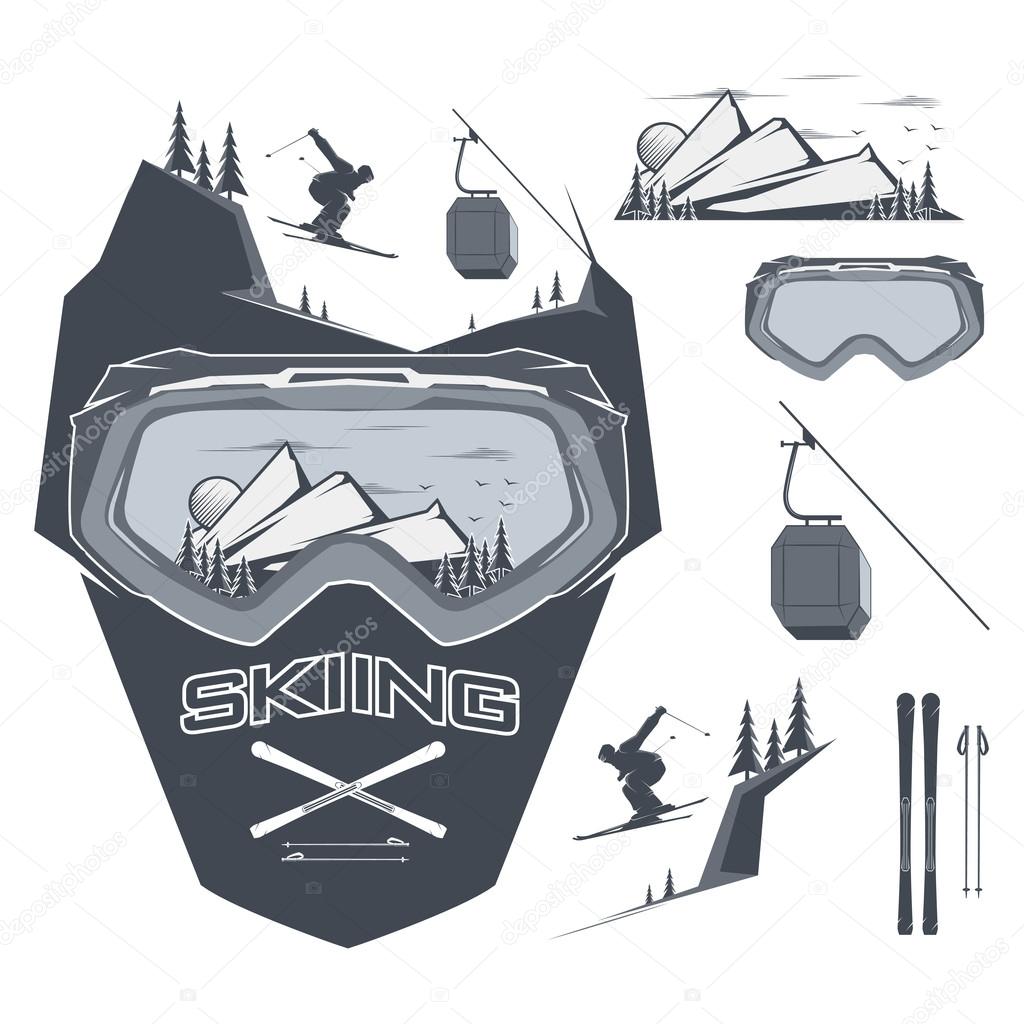 Skiing illustration and design elements. Stock vector.