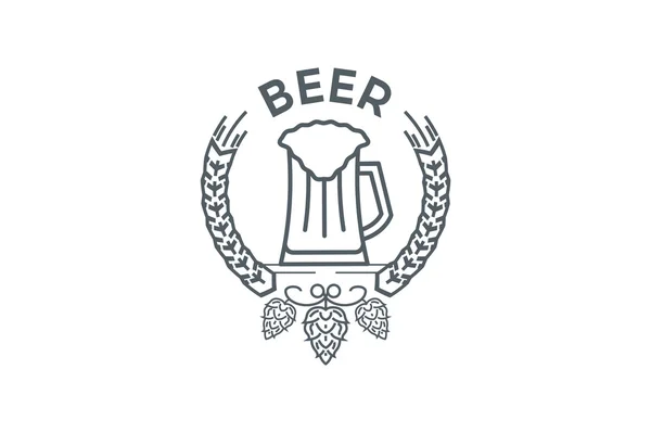 Taza de logotipo de cerveza con lúpulo y hojas. Línea de arte . — Archivo Imágenes Vectoriales
