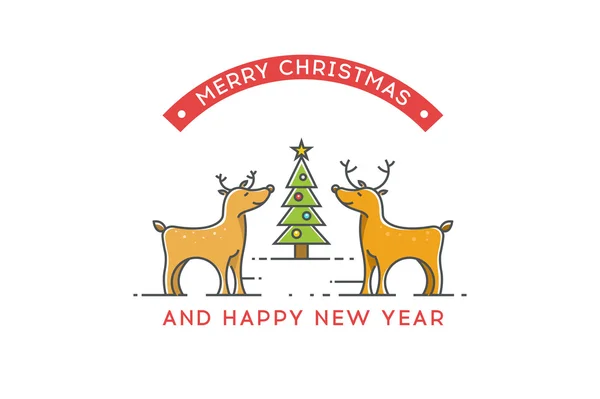 Ciervos cerca del árbol de Navidad. Línea vector ilustración . — Archivo Imágenes Vectoriales