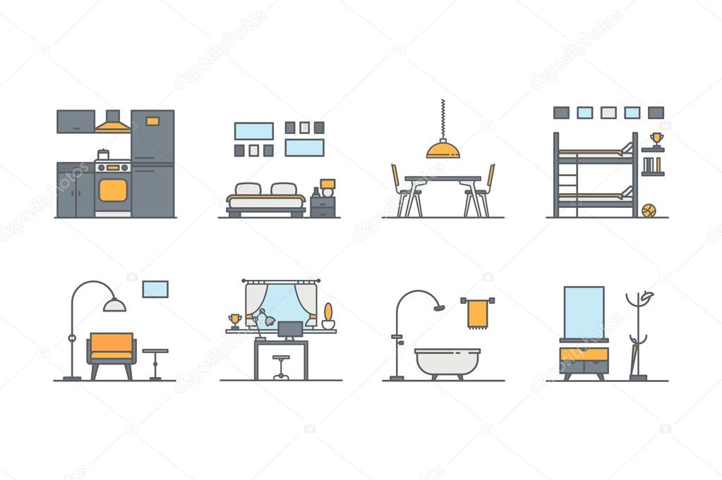 Set of line color interior design icons. Stock vector.