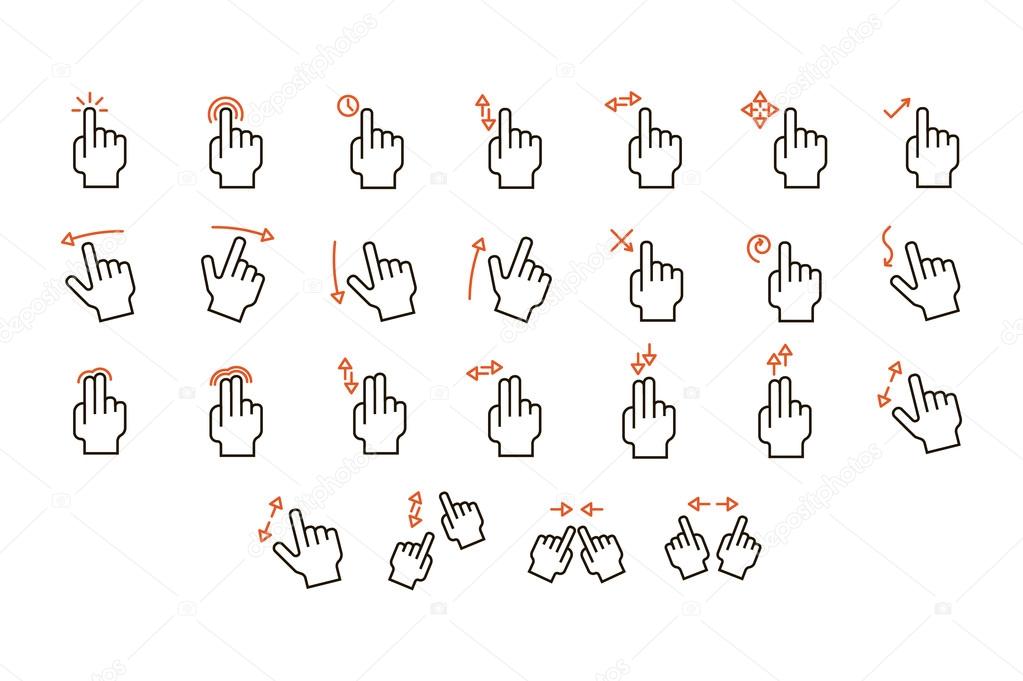 Touch Screen Gestures icons Set. Line art. Stock vector.