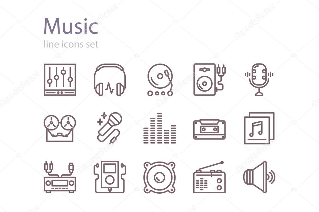 Music icons set. Line art. Stock vector.