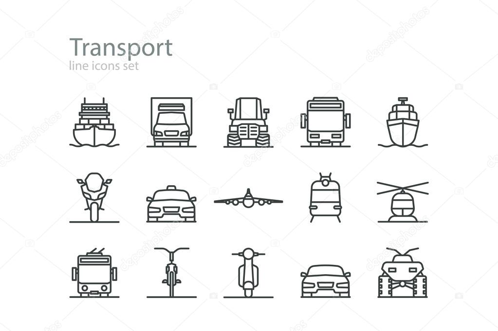 Transport. Line icons set. Colourless. Stock vector.