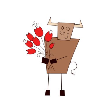 Öküz Yılı. Uluslararası Kadınlar Günü. Komik kawaii boğası, bir sürü kırmızı lale çiçekli inek. Beyaz arkaplanda izole edilmiş çizgi film tarzında vektör illüstrasyonu. Tasarımınız için şablon.