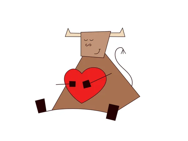 Καλή χρονιά 2021. Η Χρονιά του Βόδι. Αστεία χαριτωμένο Kawaii ταύρος, αγελάδα με κόκκινη καρδιά. Αγάπη και φροντίδα. Ρομαντική διανυσματική απεικόνιση σε στυλ κινουμένων σχεδίων που απομονώνονται σε λευκό φόντο. Πρότυπο ευχετήριων καρτών — Διανυσματικό Αρχείο