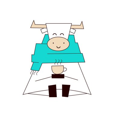 Beyaz Öküz. Mutlu Noeller ve mutlu yıllar 2021. Beyaz arka planda izole edilmiş sıcak mavi eşarplı komik vektör boğası. Bir fincan sıcak çayla oturan inek. Kart tasarım şablonu. Kış geliyor.