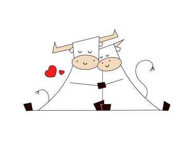 Mutlu yıllar 2021. Öküz Yılı. Komik tatlı kawaii boğası ve inek. Birbirine aşık çiftler. Beyaz arkaplanda izole edilmiş çizgi film tarzında romantik vektör çizimi. Tasarımınız için şablon.