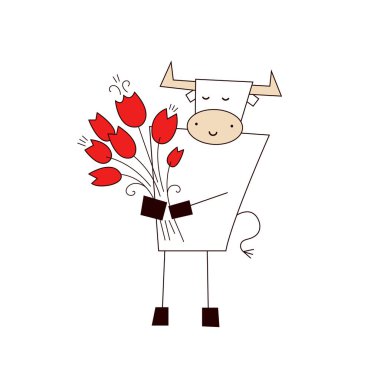 Beyaz öküz. Mutlu yıllar 2021, Uluslararası Kadınlar Günü. Komik kawaii boğası, bir sürü kırmızı lale çiçekli inek. Beyaz arkaplanda izole edilmiş çizgi film tarzında vektör illüstrasyonu. Kart şablonu