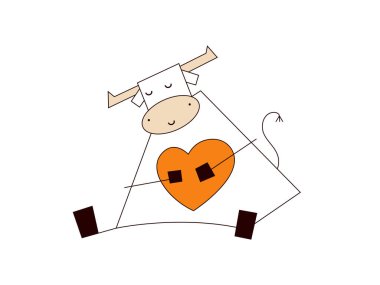 Beyaz öküz. Mutlu yıllar 2021. Sevgililer Günü tasarımı. Komik, sevimli kawaii boğası, altın kalpli inek. Sevgi ve ilgi. Çizgi film tarzında romantik vektör çizimi beyaza izole edilmiş. Tebrik kartı