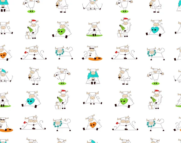 Beyaz öküz. 2021 Çin Yeni Yılı 'nın sembolü. Kusursuz desen, sonsuz doku, duvar kağıdı, tatil tasarımı için baskı. Komik tatlı kawaii boğası, inek. Beyaz arkaplanda izole edilmiş vektör çizimleri kümesi