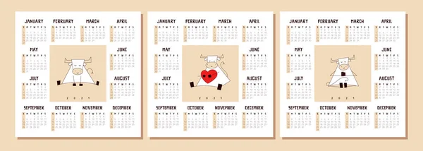 Zestaw wektorowy 2021 kalendarzy. Projekt formatu kwadratowego. Kalendarz ze szczęśliwie uśmiechniętym białym wołem, bykiem, krową. Szablon kieszeni, biurka lub kalendarza ściennego. Tydzień zaczyna się w niedzielę. Kreatywna czcionka rysowana — Wektor stockowy