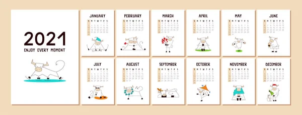 Calendrier ou planificateur format A4 avec un mignon bœuf blanc kawaii, taureau, vache. Bonne année 2021. Couverture et 12 pages mensuelles avec illustrations vectorielles. La semaine commence dimanche. Fonte Creative drawn — Image vectorielle