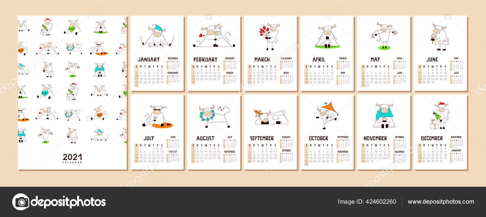 Afdaling Portaal buis Calendar or planner A4 format for 2021 with kawaii white ox, bull, cow.  Symbol of New Year. Cover and 12 monthly pages with cute vector  illustrations. Week starts on Sunday Stock Vector