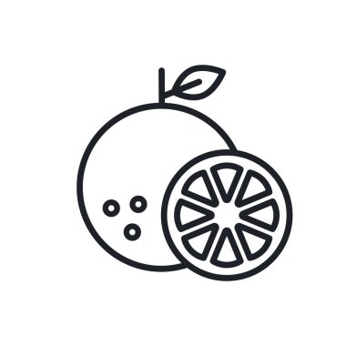 Turuncu ikon. Portakal dilimi. Vektör doğrusal simgesi, kontur, şekil, beyaz arkaplan üzerinde izole edilmiş dış hat. İnce çizgi. Modern minimalist tasarım. Meyveler.