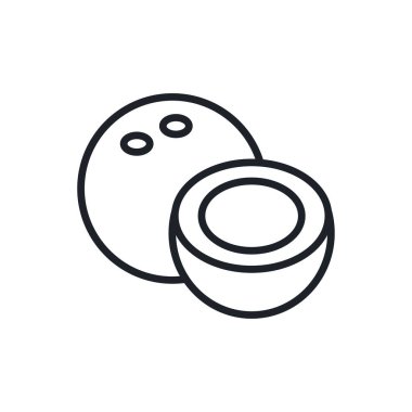 Hindistan cevizi ikonu. Vektör doğrusal simgesi, kontur, şekil, beyaz arkaplan üzerinde izole edilmiş dış hat. İnce çizgi. Modern minimalist tasarım. Meyveler.