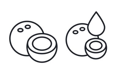 Hindistan cevizi ve hindistan cevizi sütü ikonu. Vektör doğrusal simgesi, kontur, şekil, özet. İnce çizgi. Modern minimalist tasarım. Meyveler.