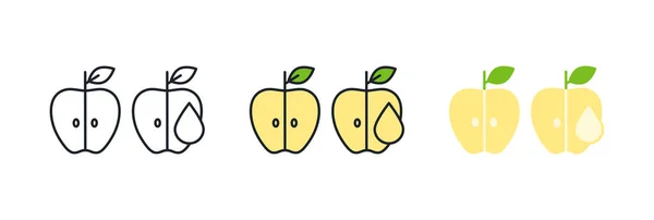 Zumo de manzana, mitad icono de manzana. Icono de color lineal, contorno, forma, contorno. Línea delgada. Diseño minimalista moderno. Conjunto de vectores. Ilustraciones de frutas — Vector de stock