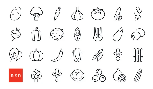 Set di icone lineari vettoriali. Verdure. Contorno, forma, contorno. Linea sottile. Design moderno e minimalista. Cibo sano e vitamine — Vettoriale Stock
