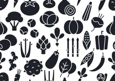Kusursuz bir desen, bitkisel dokular. Siyah siluet beyaz arka planda izole edilmiş. Katı simgeyi doldur, kabartma. Sağlıklı gıda ve vitaminler
