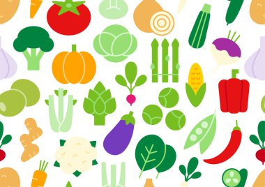 Kusursuz bir desen, bitkisel dokular. Beyaz arkaplanda izole edilmiş düz renk simgeleri kümesi. Sağlıklı gıda ve vitaminler.