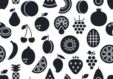 Kusursuz desen, meyveli sonsuz doku. Siyah siluet beyaz arka planda izole edilmiş. Katı simgeyi doldur, kabartma. Sağlıklı gıda ve vitaminler
